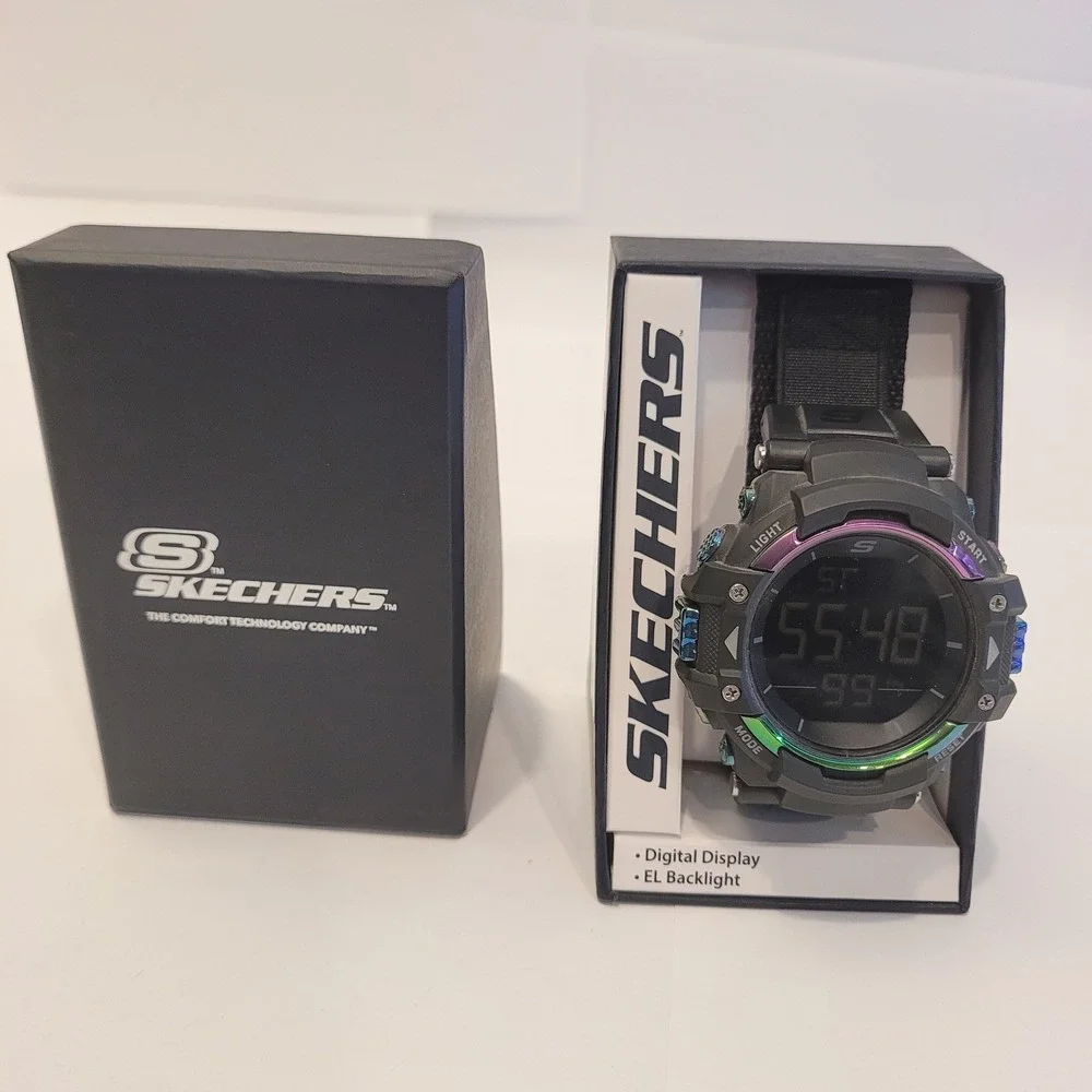 Skechers Men's Digital Watch Black Rainbow Bezel EL Backlight SR1118W NEW IN BOX